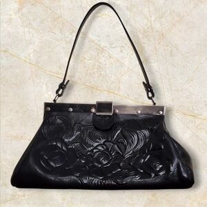 Patricia Nash Purse Black Rose Tooled Leather Ferrara Framed Satchel EUC